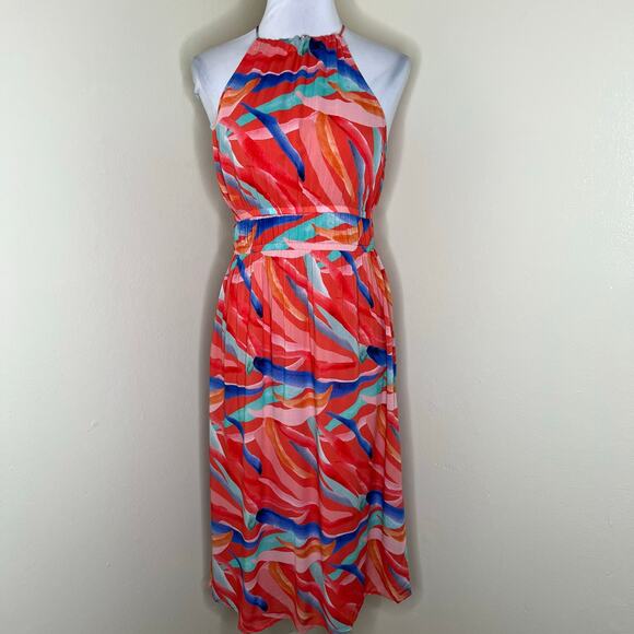 Cloth & Stone Midi Dress SMALL Red Abstract Print Beach Vacation Halter Tie NEW - Picture 4 of 11
